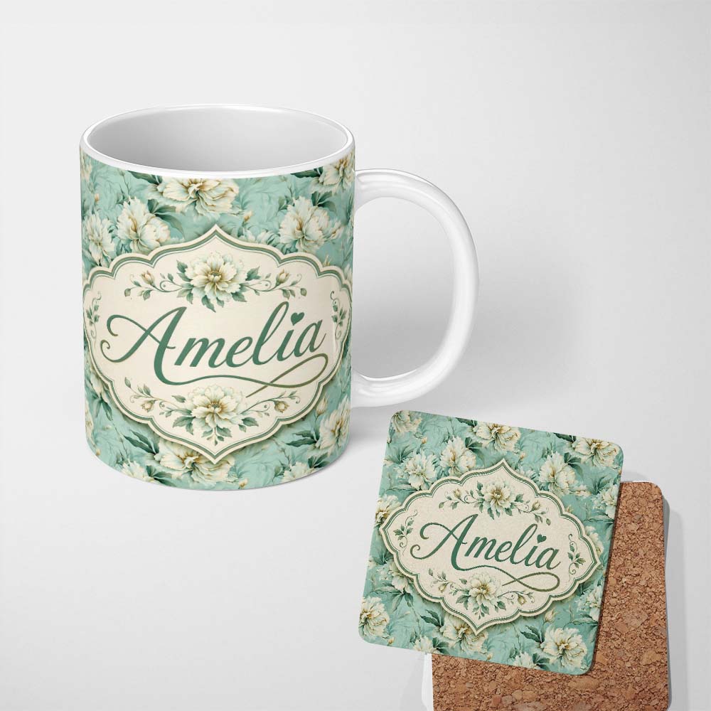 Personalized Custom Name Elegant Cream Floral Bouquet on Soft Sage Green Seamless Pattern 11oz Ceramic Coffee Tea Mug White Large Handle