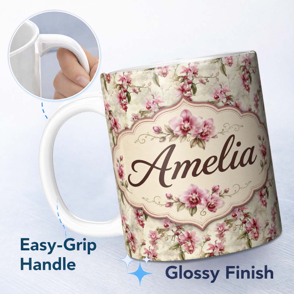 Personalized Custom Name Orchid Blossom with Subtle Watercolour Effect on Light Background 11oz Ceramic Coffee Tea Mug White Large Handle