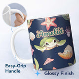 Personalized Custom Name Cute Kawaii Sea Turtle Starfish Shells Ocean Friends Navy Background 11oz Ceramic Coffee Tea Mug White Large Handle
