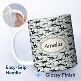 Personalized Custom Name Orca Whale Ocean Wave Seamless Pattern Nautical Marine Design Lovely 11oz Ceramic Coffee Tea Mug White Large Handle