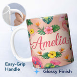Personalized Custom Name Tropical Flamingo Bird with Exotic Flowers Leaves Pattern Peach 11oz Ceramic Coffee Tea Mug White Large Handle