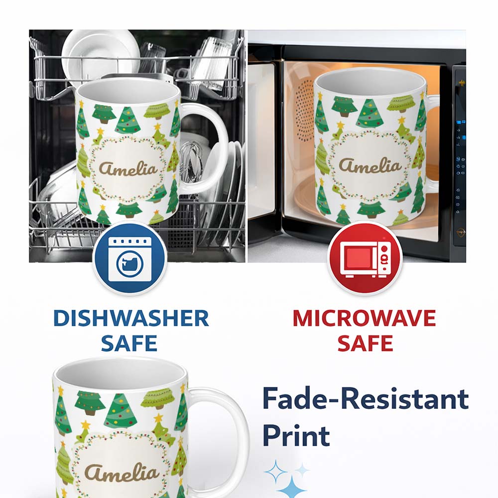 Personalized Custom Name Cute Decorated Christmas Trees with Stars on Soft Grey Background 11oz Ceramic Coffee Tea Mug White Large Handle