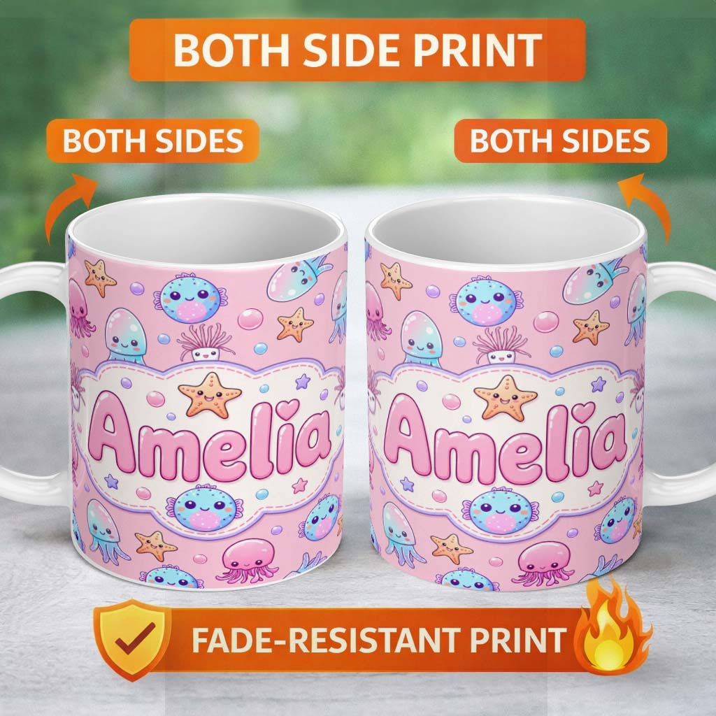 Personalized Custom Name Kawaii Jellyfish Starfish and Cute Sea Creatures Warm Pink Lovely 11oz Ceramic Coffee Tea Mug White Large Handle