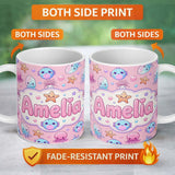 Personalized Custom Name Kawaii Jellyfish Starfish and Cute Sea Creatures Warm Pink Lovely 11oz Ceramic Coffee Tea Mug White Large Handle