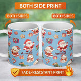 Personalized Custom Name Cute Santa Claus Mrs Claus Snowman Christmas Gift Pattern Blue 11oz Ceramic Coffee Tea Mug White Large Handle