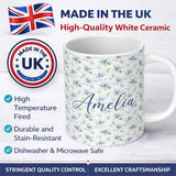 Personalized Custom Name Soft Blue Floral with Fine Botanical Detail Seamless Pattern Lovely 11oz Ceramic Coffee Tea Mug White Large Handle
