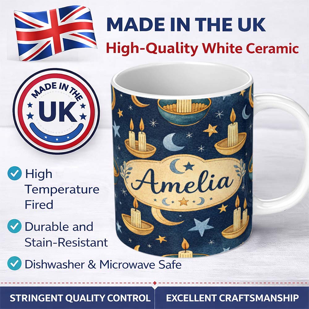 Personalized Custom Name Celestial Botanical Moon Phases Leaves Stars Seamless Pattern Lovely 11oz Ceramic Coffee Tea Mug White Large Handle