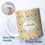 Personalized Custom Name Vintage Cake Dessert Stand Cherry Treat Seamless Pattern Lovely 11oz Ceramic Coffee Tea Mug White Large Handle