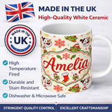 Personalized Custom Name Cute Snowman Elf Candy Cane Stocking Seamless Pattern Fun Holiday 11oz Ceramic Coffee Tea Mug White Large Handle