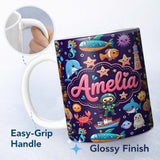 Personalized Custom Name Cartoon Ocean with Various Sea Creatures on Rich Purple Background 11oz Ceramic Coffee Tea Mug White Large Handle