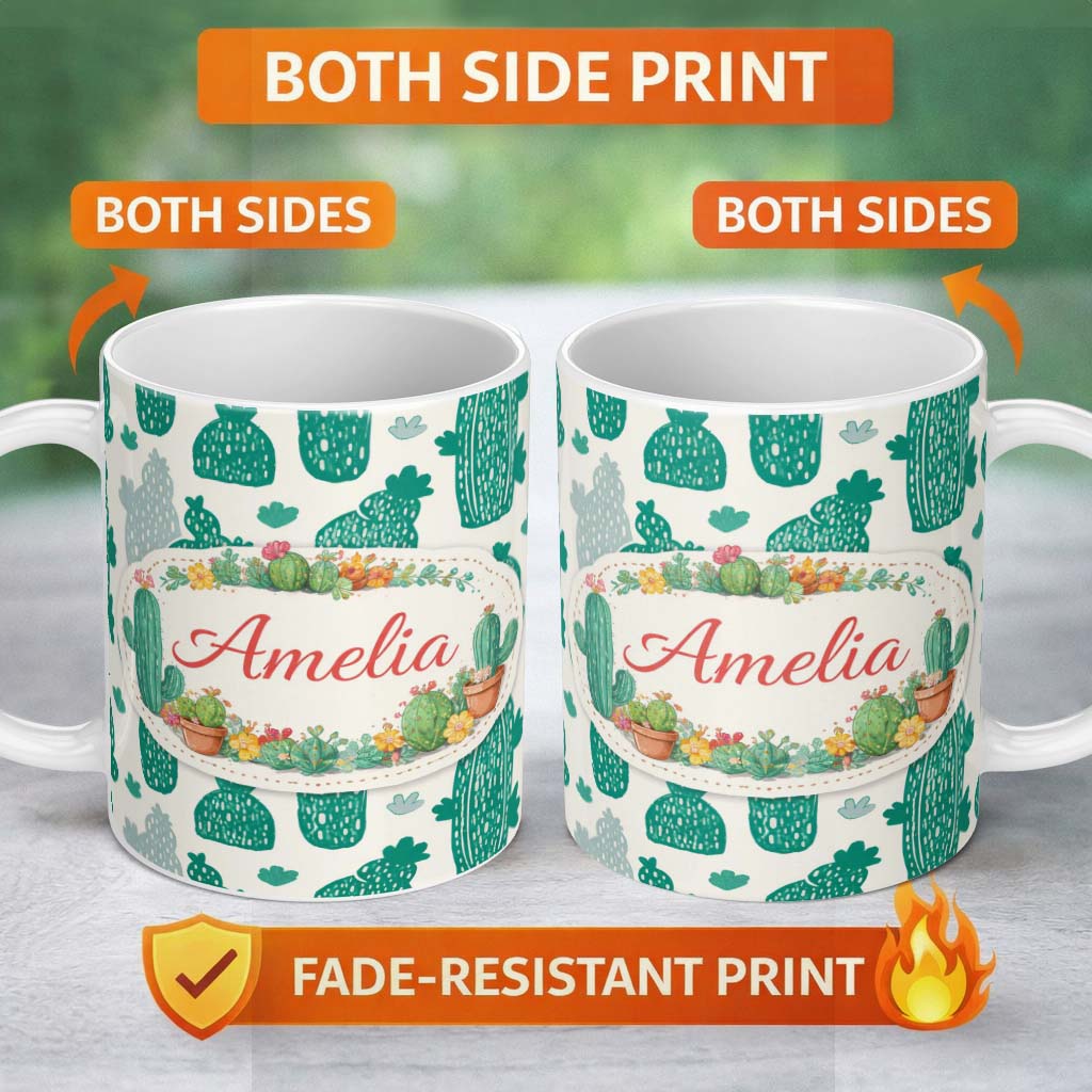 Personalized Custom Name Minimalist Cactus Desert Pattern Green Botanical Seamless Design 11oz Ceramic Coffee Tea Mug White Large Handle