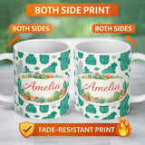 Personalized Custom Name Minimalist Cactus Desert Pattern Green Botanical Seamless Design 11oz Ceramic Coffee Tea Mug White Large Handle