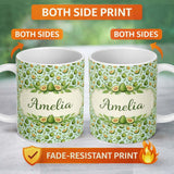 Personalized Custom Name Fresh Avocado Pear Leaf Seamless Pattern Soft Blue Background Lovely 11oz Ceramic Coffee Tea Mug White Large Handle