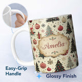 Personalized Custom Name Scandinavian Christmas Trees Baubles Snowflakes Nordic Seamless 11oz Ceramic Coffee Tea Mug White Large Handle