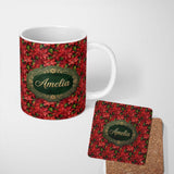 Personalized Custom Name Rich Red Poinsettia Dense Floral Festive Christmas Botanical Design 11oz Ceramic Coffee Tea Mug White Large Handle