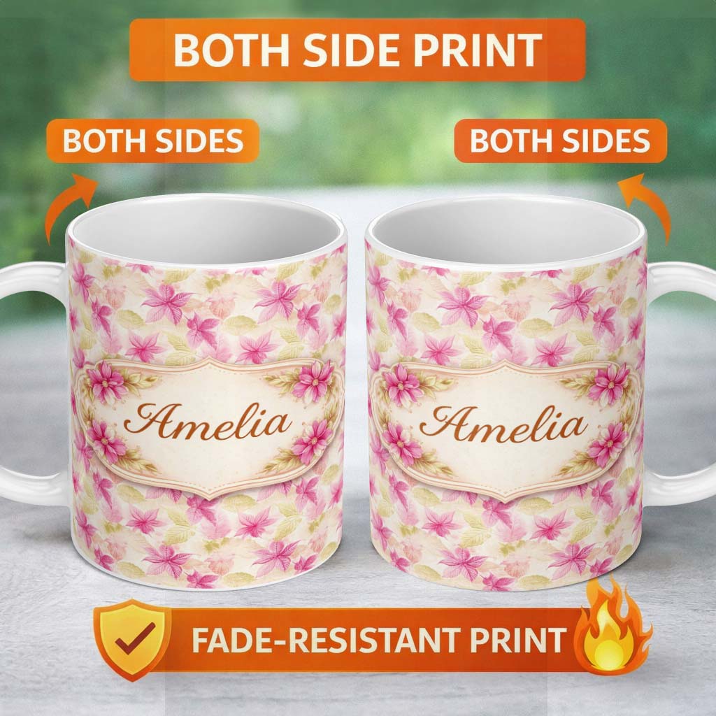 Personalized Custom Name Pink Green Watercolor Leaf Botanical Seamless Pattern Lovely 11oz Ceramic Coffee Tea Mug White Large Handle