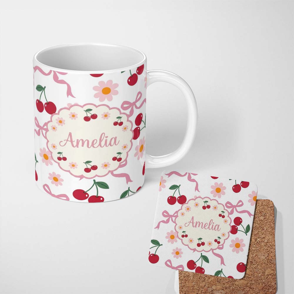 Personalized Custom Name Cute Cherry and Daisy Flowers with Pink Ribbon Bows Light Grey 11oz Ceramic Coffee Tea Mug White Large Handle
