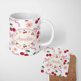 Personalized Custom Name Cute Cherry and Daisy Flowers with Pink Ribbon Bows Light Grey 11oz Ceramic Coffee Tea Mug White Large Handle