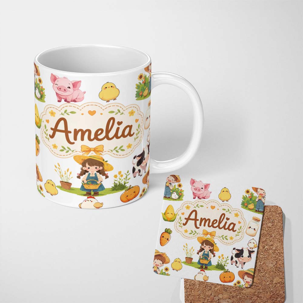 Personalized Custom Name Cute Farm Girl Animals Harvest Seamless Pattern Grey Background 11oz Ceramic Coffee Tea Mug White Large Handle