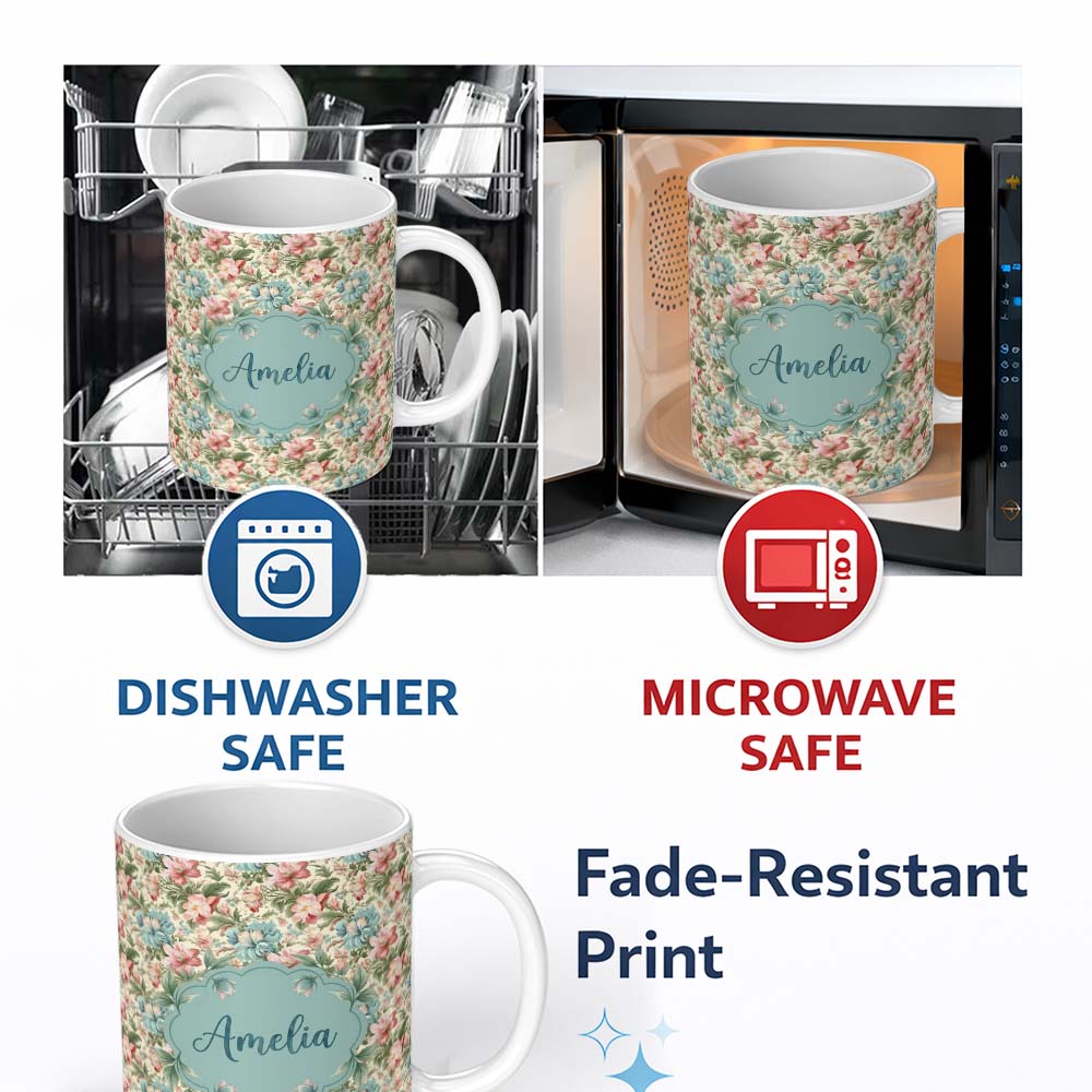 Personalized Custom Name Elegant Vintage Floral Bouquet Garden Seamless Pattern Design Lovely 11oz Ceramic Coffee Tea Mug White Large Handle