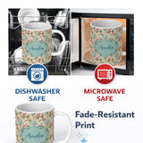 Personalized Custom Name Elegant Vintage Floral Bouquet Garden Seamless Pattern Design Lovely 11oz Ceramic Coffee Tea Mug White Large Handle