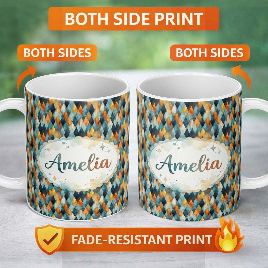 Personalized Custom Name Abstract Diamond Mosaic Seamless Pattern in Teal Orange Blue Lovely 11oz Ceramic Coffee Tea Mug White Large Handle