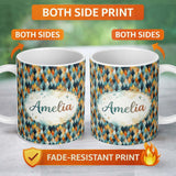 Personalized Custom Name Abstract Diamond Mosaic Seamless Pattern in Teal Orange Blue Lovely 11oz Ceramic Coffee Tea Mug White Large Handle