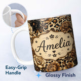 Personalized Custom Name Vintage Floral and Leopard Print in Neutral Beige and Black Tones 11oz Ceramic Coffee Tea Mug White Large Handle