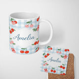 Personalized Custom Name Cherry Fruit Green Gingham Picnic Check Seamless Pattern Lovely 11oz Ceramic Coffee Tea Mug White Large Handle