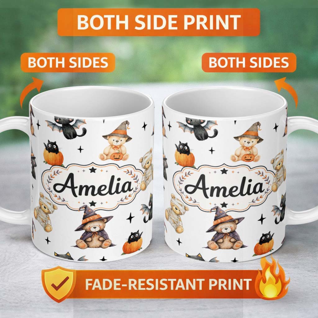 Personalized Custom Name Cute Halloween Teddy Bears Bats Pumpkin UK Seamless Pattern Name 11oz Ceramic Coffee Tea Mug White Large Handle