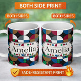 Personalized Custom Name Abstract Geometric Circle Pattern with Bold Colors Cute Unique Gift 11oz Ceramic Coffee Tea Mug White Large Handle