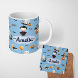 Personalized Custom Name Cute Halloween Dracula Ghost Bats on Blue Background Seamless Lovely 11oz Ceramic Coffee Tea Mug White Large Handle
