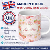 Personalized Custom Name Strawberry Cherry Bow Daisy Cherry Pink Cute Coquette Floral Design 11oz Ceramic Coffee Tea Mug White Large Handle