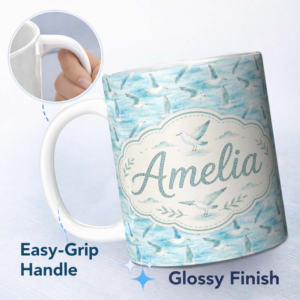 Personalized Custom Name Soft Watercolor Seagulls Ocean Breeze Seamless Pattern Lovely 11oz Ceramic Coffee Tea Mug White Large Handle