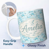 Personalized Custom Name Soft Watercolor Seagulls Ocean Breeze Seamless Pattern Lovely 11oz Ceramic Coffee Tea Mug White Large Handle