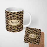 Personalized Custom Name Vintage Red and Black Feathered Masks on Antique Background Seamless 11oz Ceramic Coffee Tea Mug White Large Handle