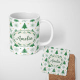 Personalized Custom Name Minimal Green Christmas Trees with Snowflakes and Stars Seamless 11oz Ceramic Coffee Tea Mug White Large Handle