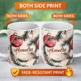 Personalized Custom Name Red Christmas Baubles Pine Branch Winter Seamless Pattern Lovely 11oz Ceramic Coffee Tea Mug White Large Handle