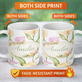 Personalized Custom Name Elegant Calla Lily Botanical Floral Seamless Pattern Lovely 11oz Ceramic Coffee Tea Mug White Large Handle
