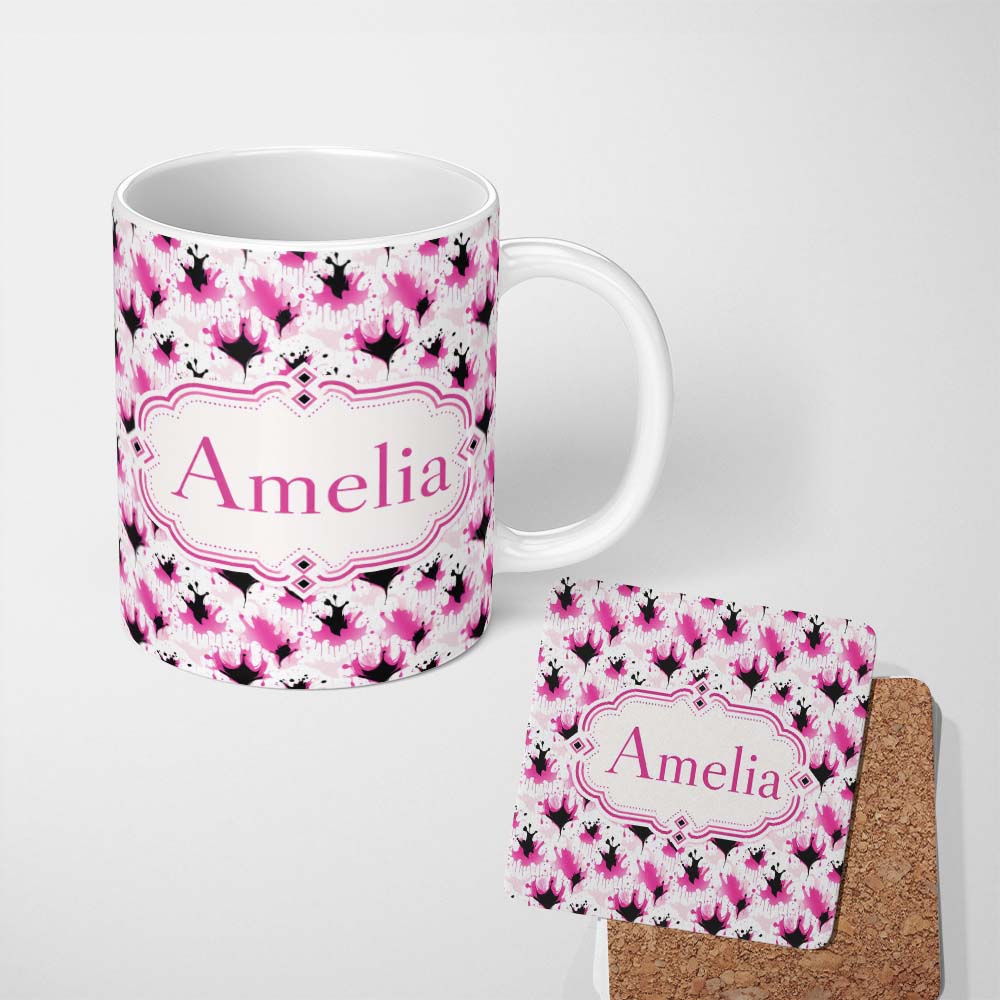 Personalized Custom Name Pink Black Ink Blot Splash Modern Abstract Seamless Pattern Lovely 11oz Ceramic Coffee Tea Mug White Large Handle