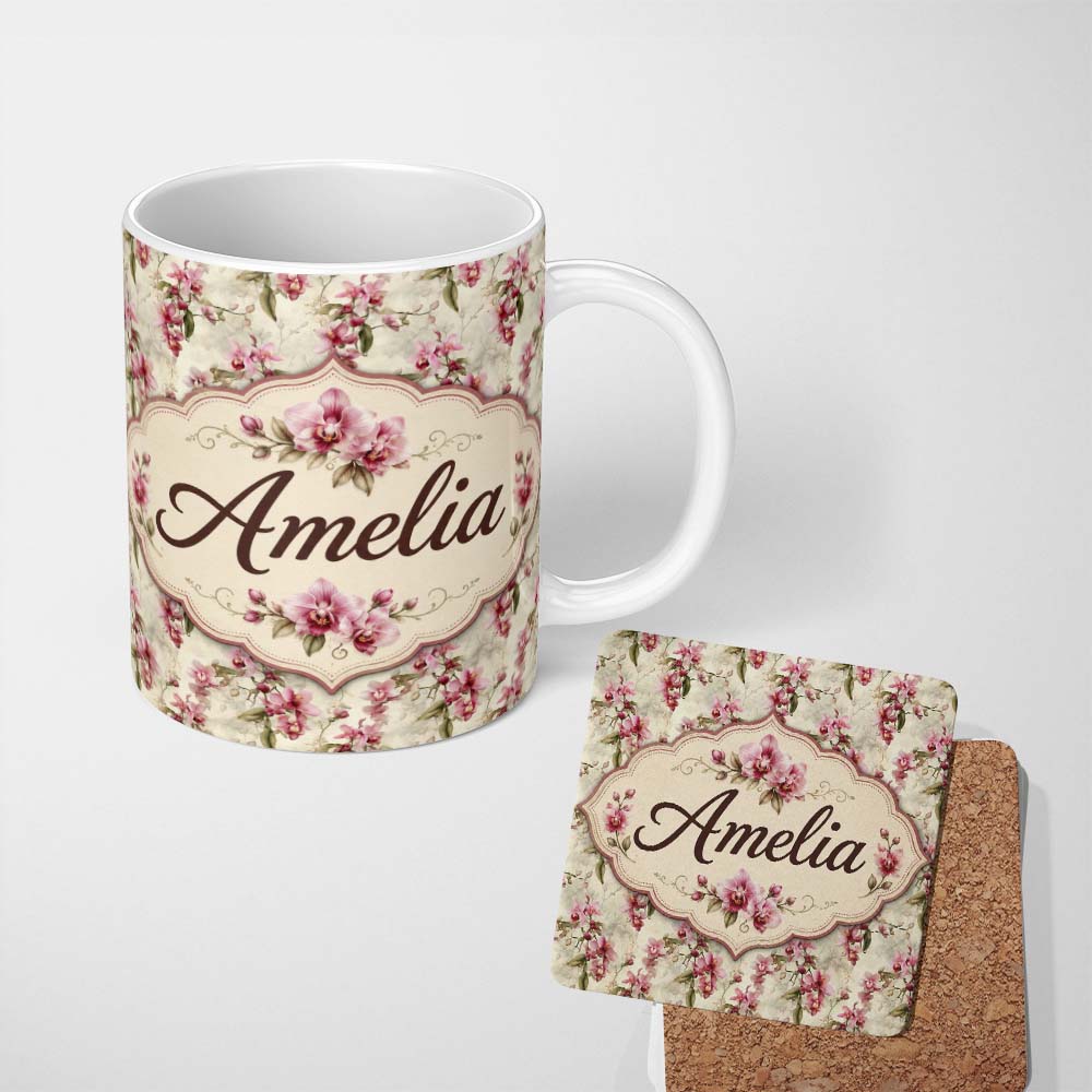 Personalized Custom Name Orchid Blossom with Subtle Watercolour Effect on Light Background 11oz Ceramic Coffee Tea Mug White Large Handle