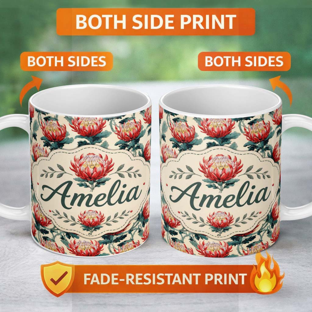 Personalized Custom Name Bold Red Protea Botanical Floral Seamless Pattern Cute Unique Gift 11oz Ceramic Coffee Tea Mug White Large Handle