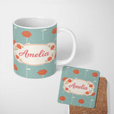 Personalized Custom Name Red Rose Minimal Pattern Blue Background Elegant Design Lovely 11oz Ceramic Coffee Tea Mug White Large Handle