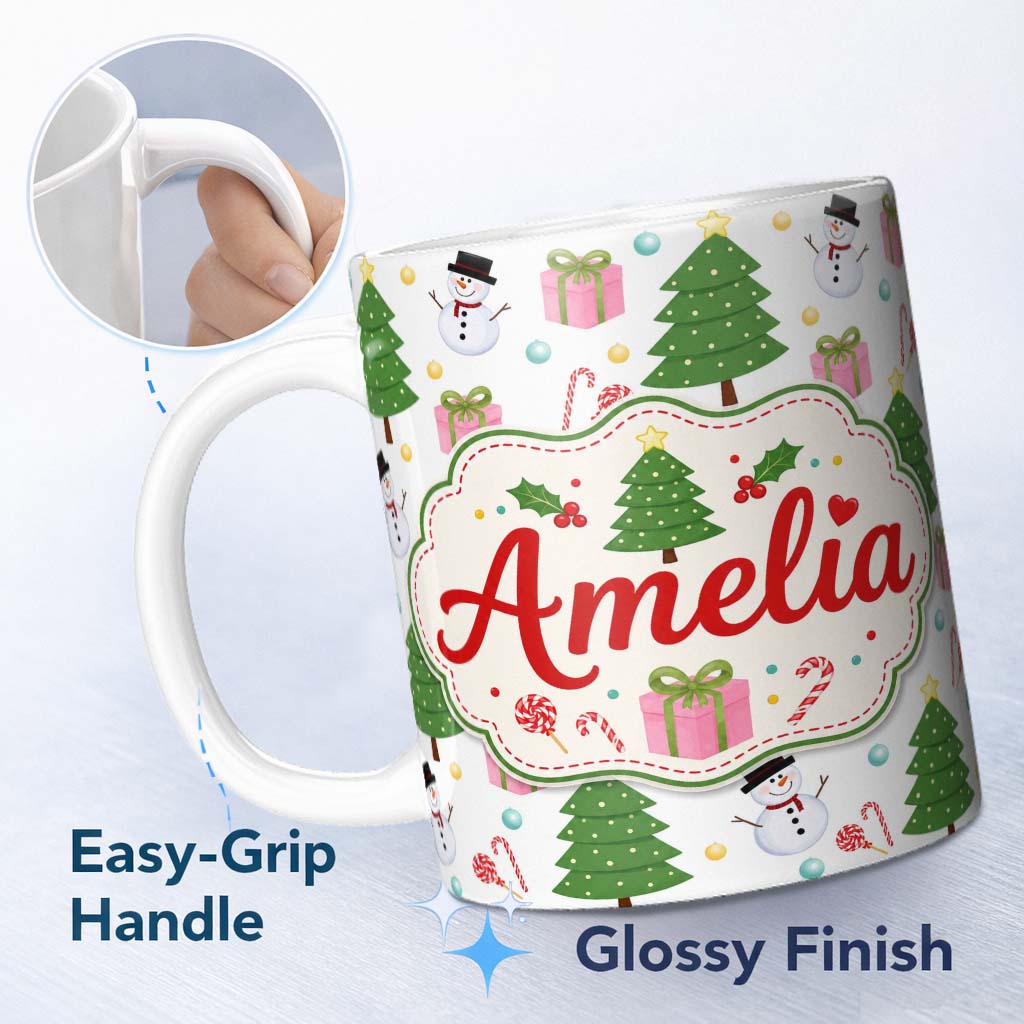 Personalized Custom Name Cute Christmas Tree Snowman Candy Cane Gift Seamless Pattern Lovely 11oz Ceramic Coffee Tea Mug White Large Handle