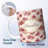 Personalized Custom Name Soft Pink Watercolor Leaf Botanical Seamless Pattern Lovely 11oz Ceramic Coffee Tea Mug White Large Handle
