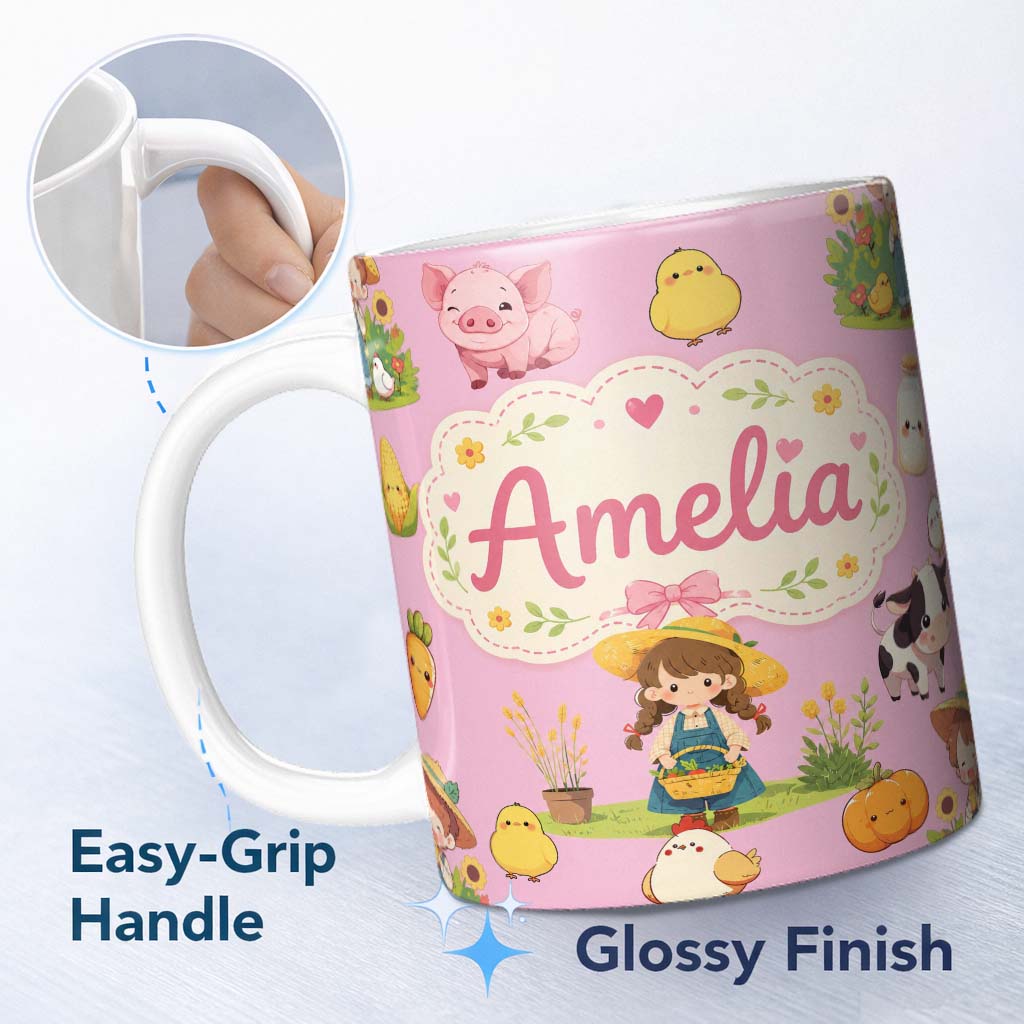 Personalized Custom Name Cute Farm Girl Animals Harvest Seamless Pattern Pink Background 11oz Ceramic Coffee Tea Mug White Large Handle