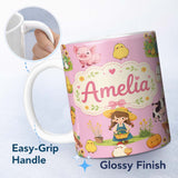 Personalized Custom Name Cute Farm Girl Animals Harvest Seamless Pattern Pink Background 11oz Ceramic Coffee Tea Mug White Large Handle