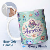Personalized Custom Name Cute Cartoon Mermaid with Sea Creatures on Mint Green Background 11oz Ceramic Coffee Tea Mug White Large Handle