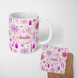 Personalized Custom Name Pink Snowflake Candle Winter Holiday Seamless Pattern Lovely 11oz Ceramic Coffee Tea Mug White Large Handle