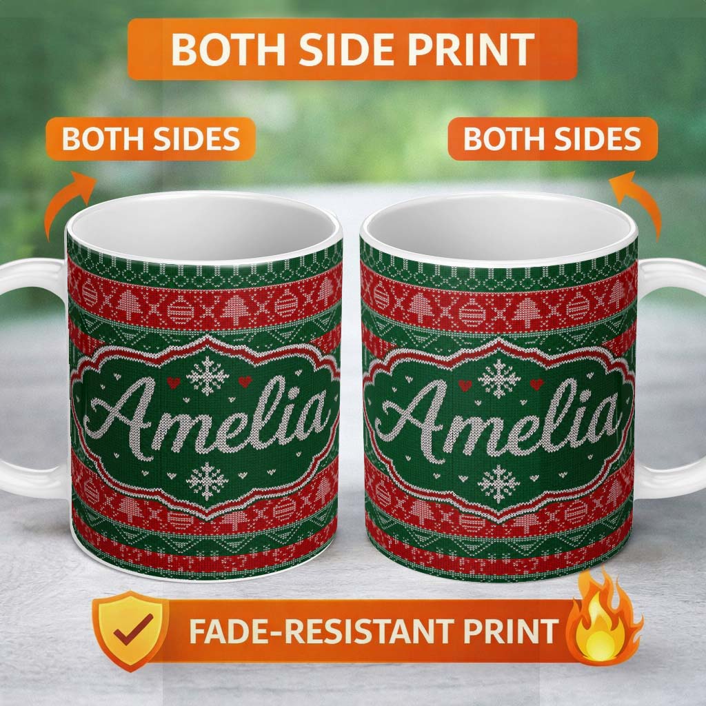 Personalized Custom Name Red Green Nordic Christmas Ornament Tree Heart Knit Seamless Pattern 11oz Ceramic Coffee Tea Mug White Large Handle